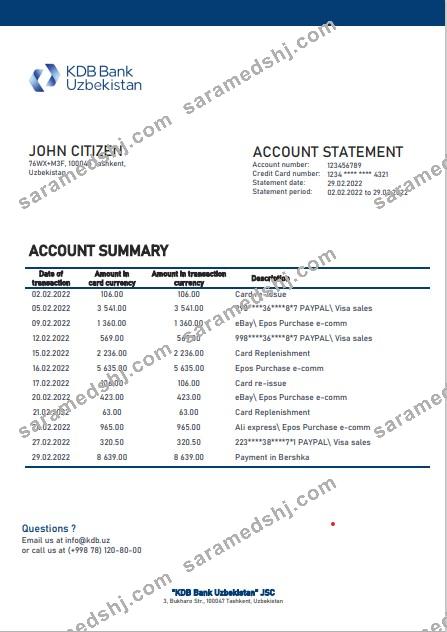 Uzbekistan KDB Bank statement template in Word and PDF format